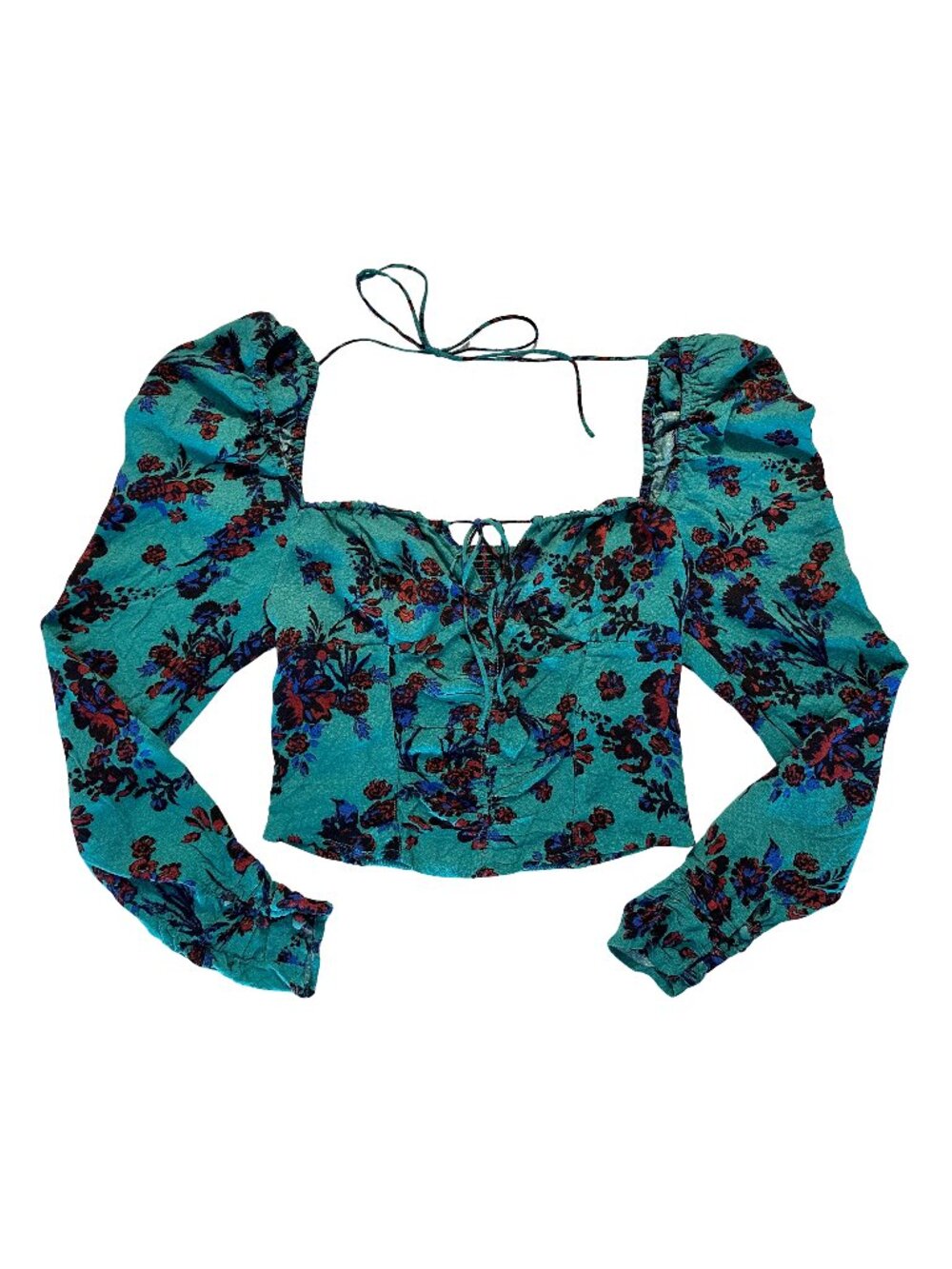 🌹 Free People Floral Hilary Long Sleeve Cropped Blouse Green Combo XS